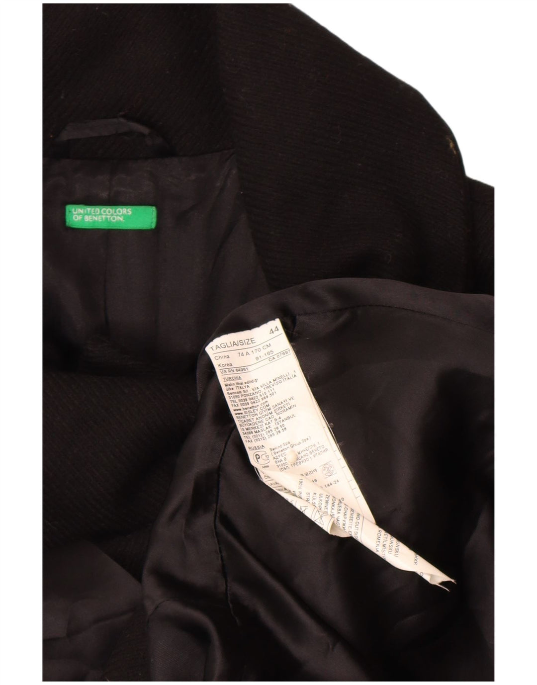 Женское двубортное пальто Benetton IT 44 Medium Black из натуральной шерсти