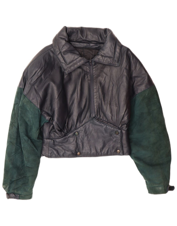 ВИНТАЖНАЯ женская укороченная кожаная куртка UK 6 XS Темно-синяя