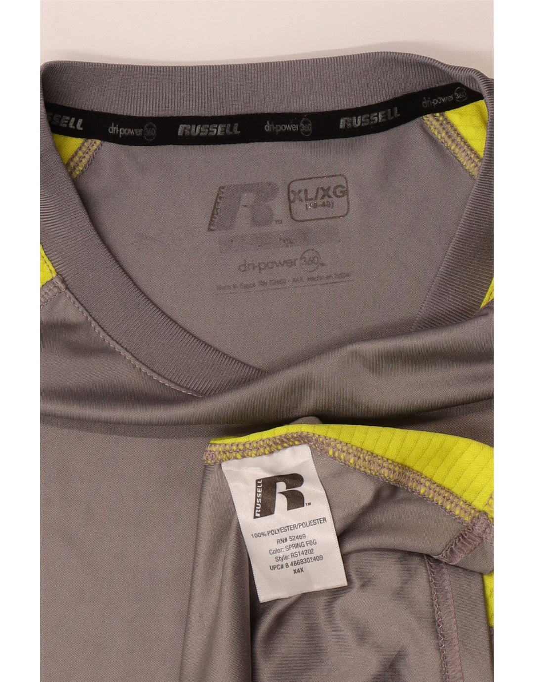 RUSSELL ATHLETIC Mens Dri-Power T-Shirt Top XL Grey Colourblock Polyester Vintage Russell Athletic and Second-Hand Russell Athletic from Messina Hembry 
