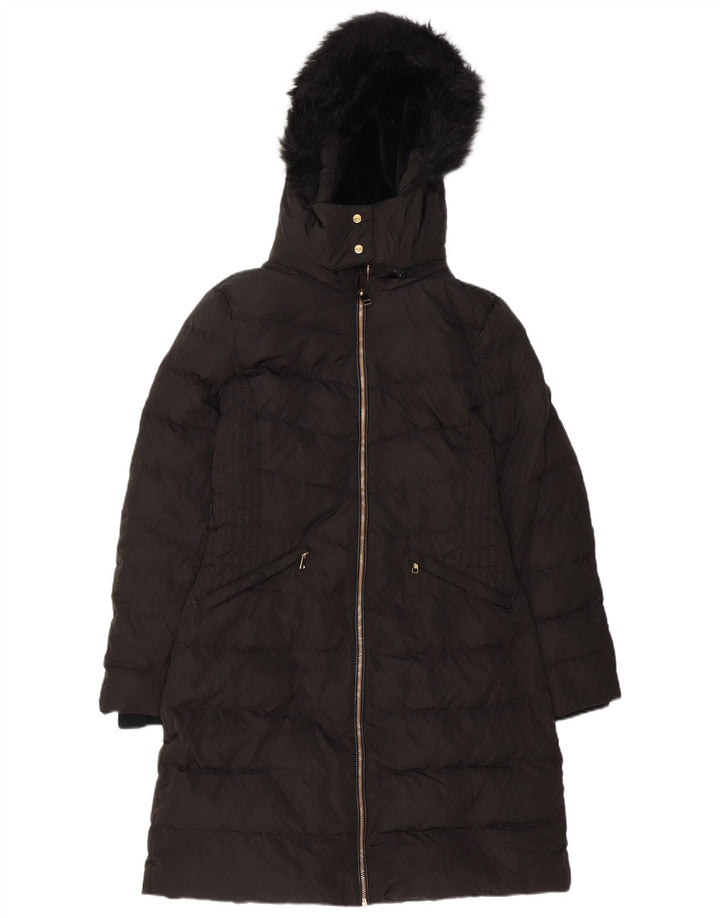 Женское стеганое пальто с капюшоном Zara UK 14, средний черный полиэстер