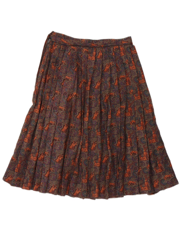 Vintage Womens High Waist Pleated Skirt IT 42 Medium W26 Brown Paisley Wool