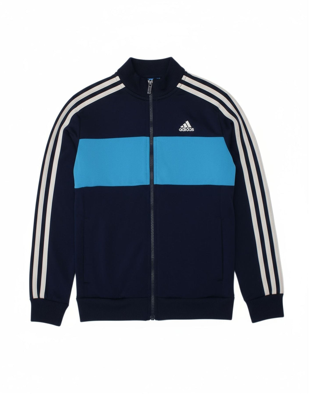 ADIDAS Boys Tracksuit Top Jacket 9-10 Years Navy Blue Colourblock