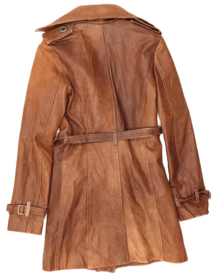 Винтажное женское двубортное кожаное пальто IT 42, кожа среднего коричневого цвета