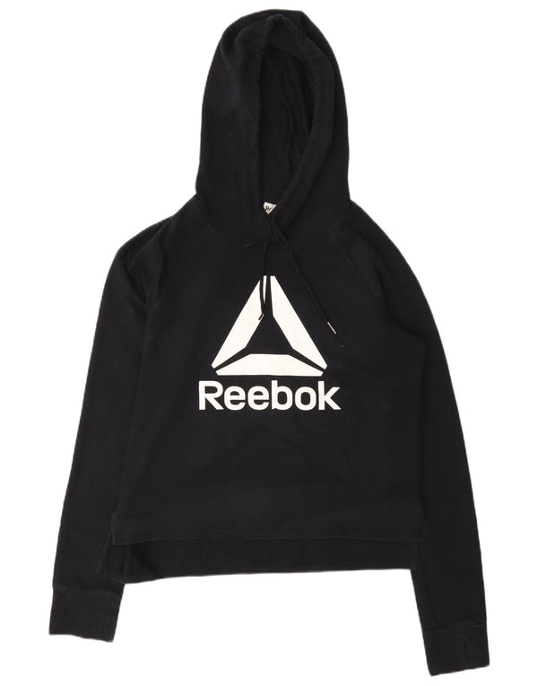 Женский укороченный худи с рисунком Reebok UK 10, маленький черный хлопковый джемпер