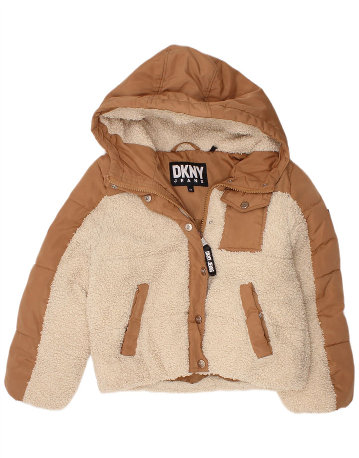 Утепленная куртка с капюшоном Dkny для девочек 5–6 лет, коричневый полиэстер с цветными блоками