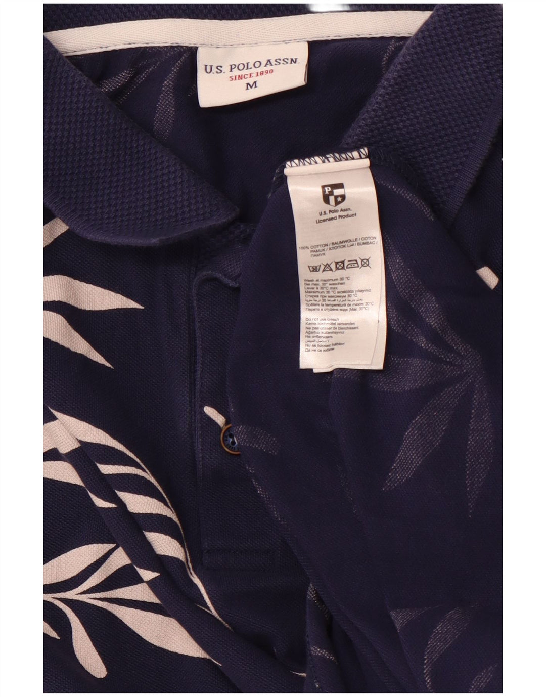 США ПОЛО ASSN. Мужская рубашка поло среднего размера, темно-синяя, хлопковая с цветочным принтом