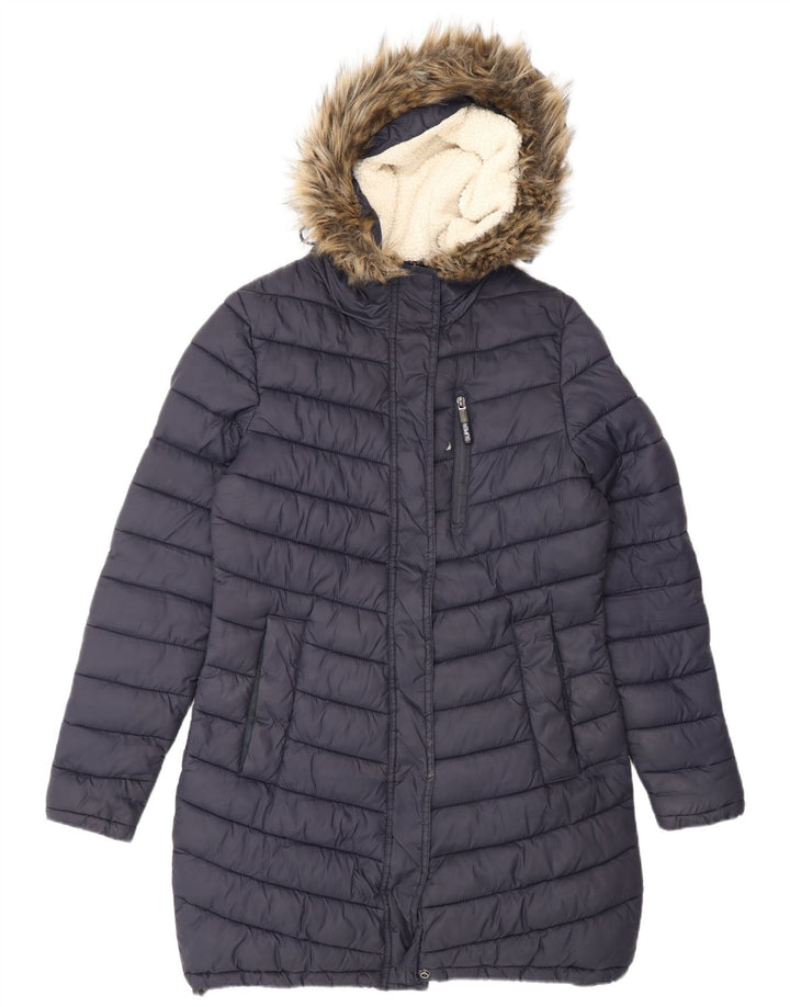 SUPERDRY Женское стеганое пальто с капюшоном UK 14, средний темно-синий, нейлон