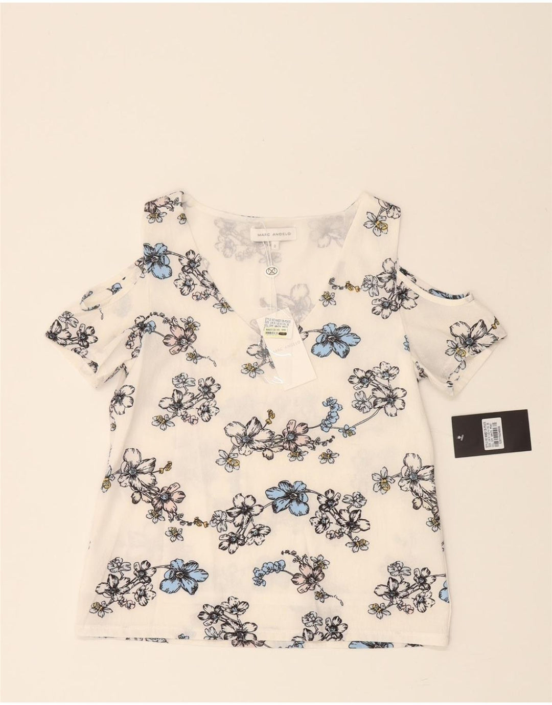 MARC ANGELO Womens Off Shoulder Top UK 8 Small White Floral Polyester Vintage Marc Angelo and Second-Hand Marc Angelo from Messina Hembry 