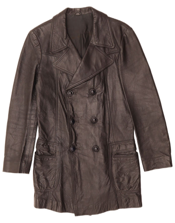 Мужское двубортное кожаное пальто VINTAGE UK 10 маленькое черное