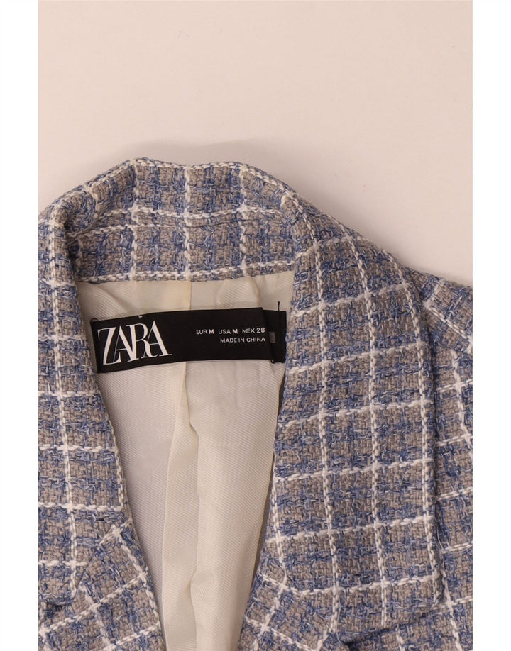Женский укороченный двубортный пиджак Zara UK 14, средний синий в клетку