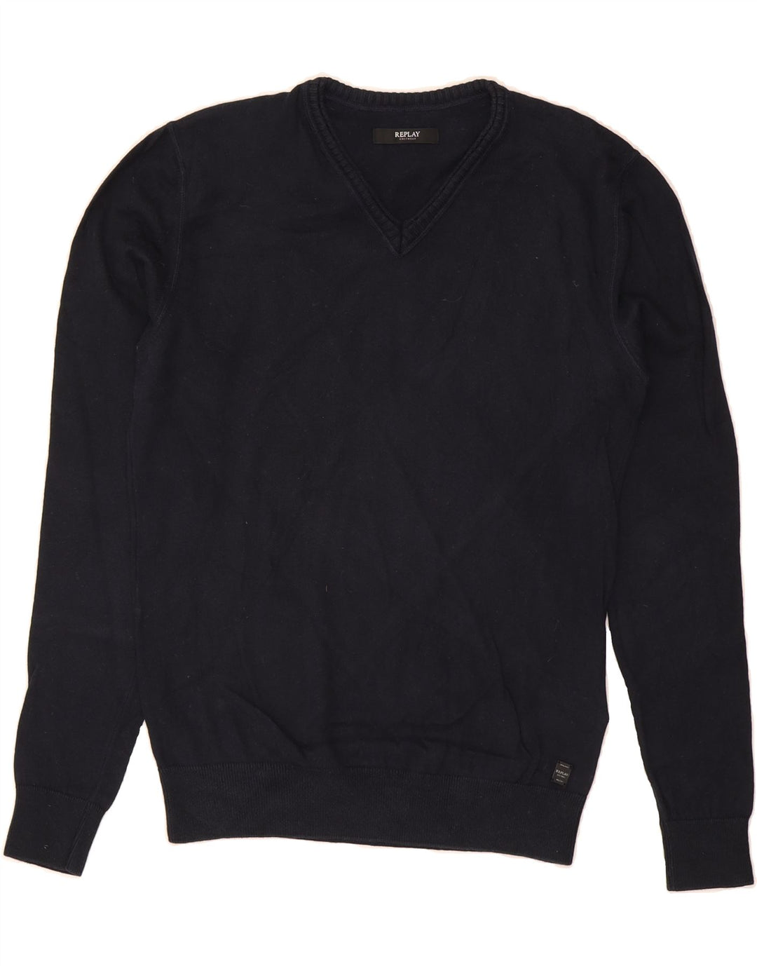 REPLAY Mens V-Neck Jumper Sweater Large Navy Blue Cotton Vintage Replay and Second-Hand Replay from Messina Hembry 