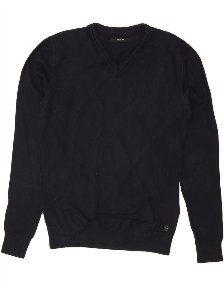 REPLAY Mens V-Neck Jumper Sweater Large Navy Blue Cotton Vintage Replay and Second-Hand Replay from Messina Hembry 