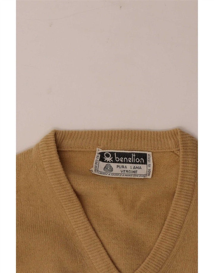 Женский джемпер с v-образным вырезом Benetton UK 10, маленький, бежевый, шерсть