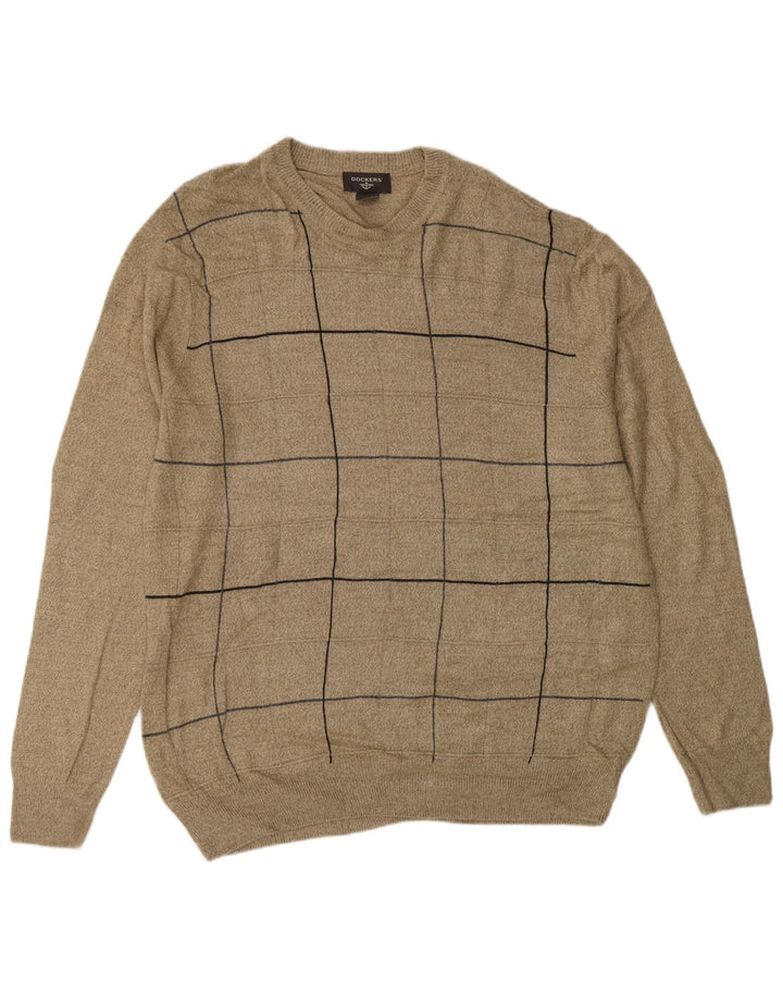 Мужской свитер DOCKERS с круглым вырезом, большой, бежевый, в клетку, акрил