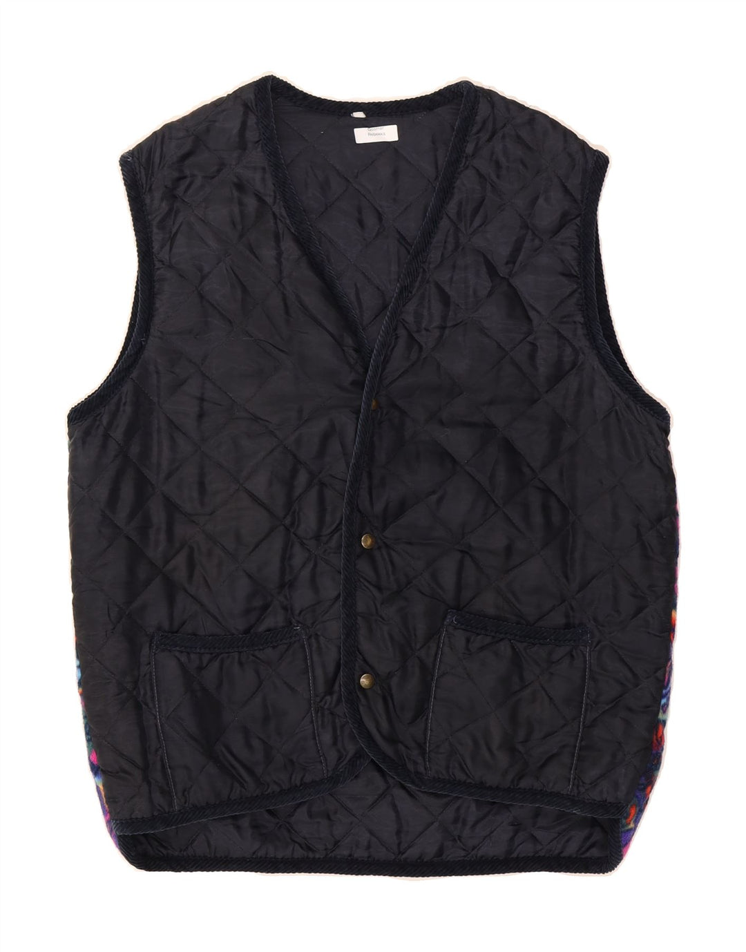 VINTAGE Mens Abstract Pattern Quilted Gilet UK 38 Medium Navy Blue Vintage Vintage and Second-Hand Vintage from Messina Hembry 