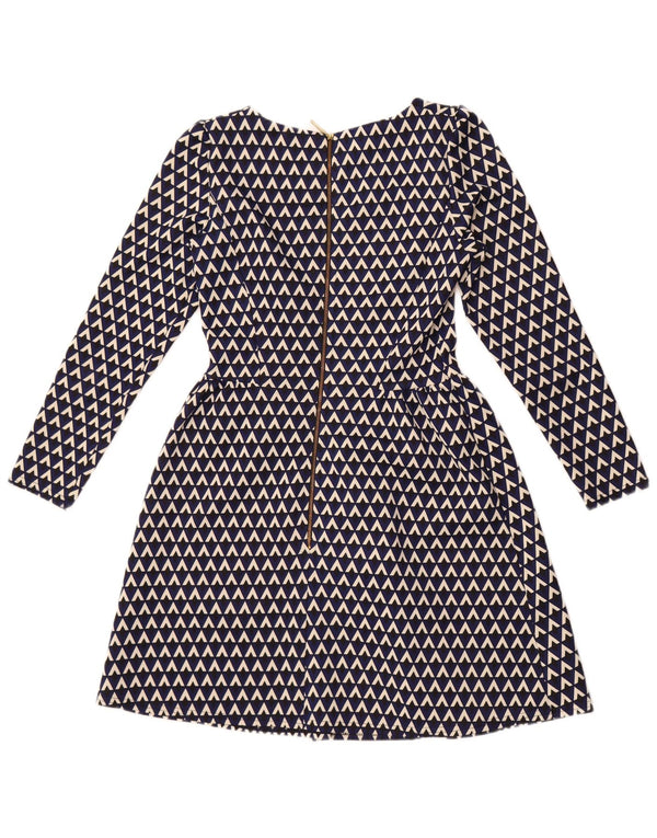 ШКАФ Женское платье А-силуэта с длинными рукавами UK 8, маленький темно-синий с геометрическим рисунком