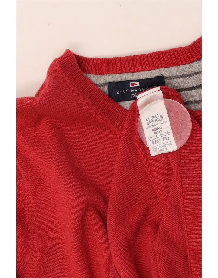 Мужской синий джемпер с вырезом лодочкой Marks & Spencer, маленький красный хлопковый свитер