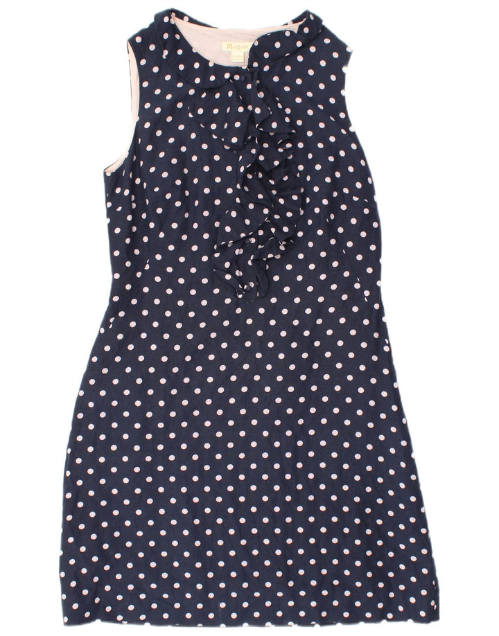 MONSOON Womens Ruffle Front Sheath Dress UK 14 Large Navy Blue Polka Dot