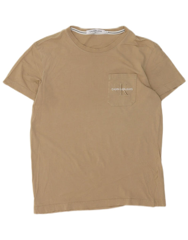 CALVIN KLEIN JEANS Mens T-Shirt Top Small Beige Cotton