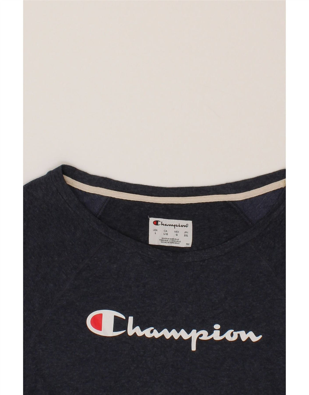 CHAMPION Mens Graphic Sweatshirt Jumper Large Navy Blue Viscose Vintage Champion and Second-Hand Champion from Messina Hembry 