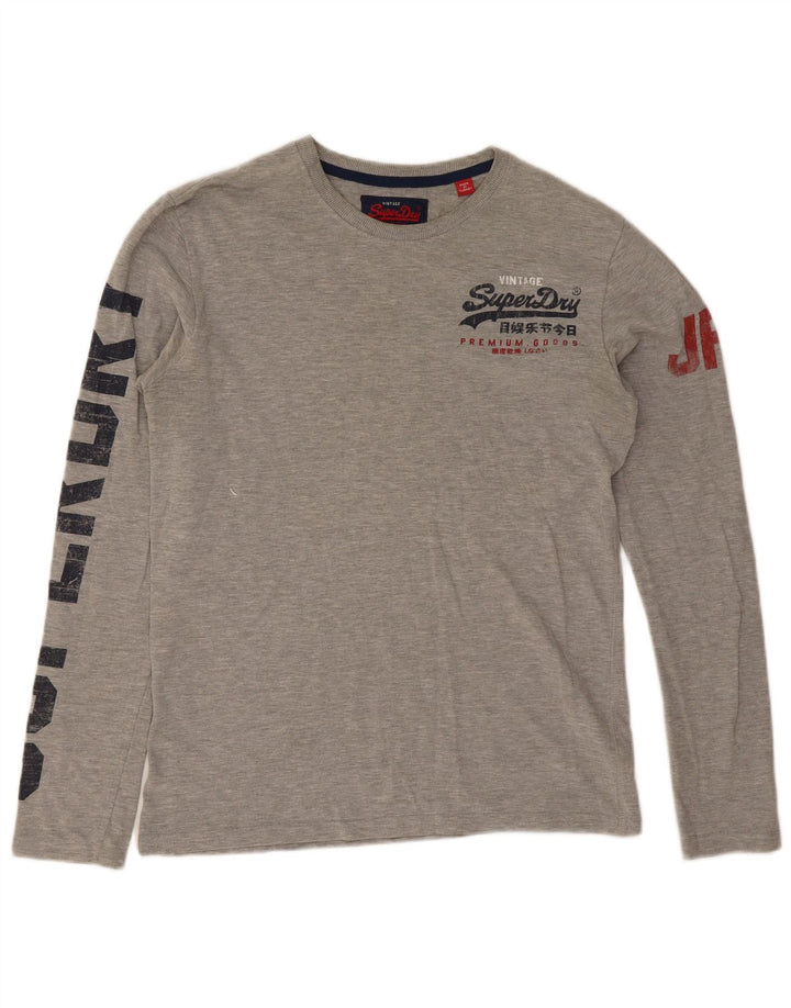 Мужской топ с рисунком Superdry, средний серый хлопок с длинными рукавами и крапинками
