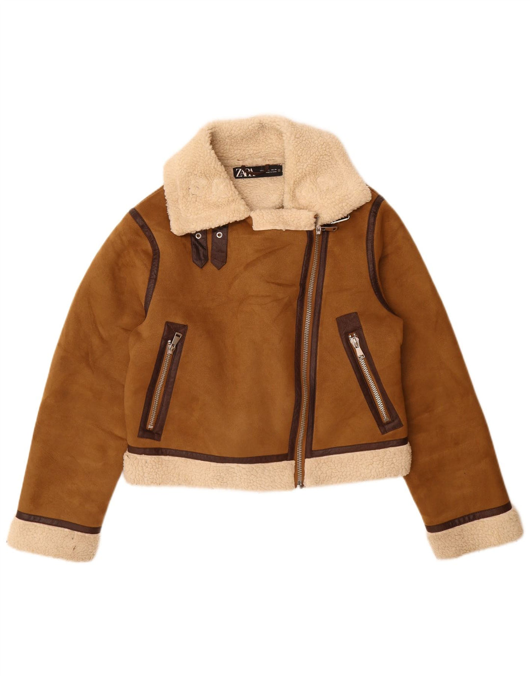 Женская куртка шерпа Zara UK 16, большая, коричневая, полиэстер
