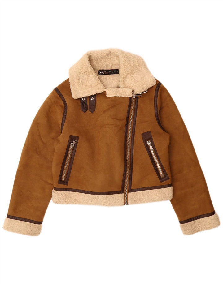 Женская куртка шерпа Zara UK 16, большая, коричневая, полиэстер