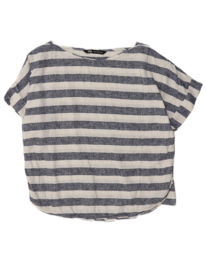 Женская блузка оверсайз ZARA UK 6 XS, льняная синяя полоска