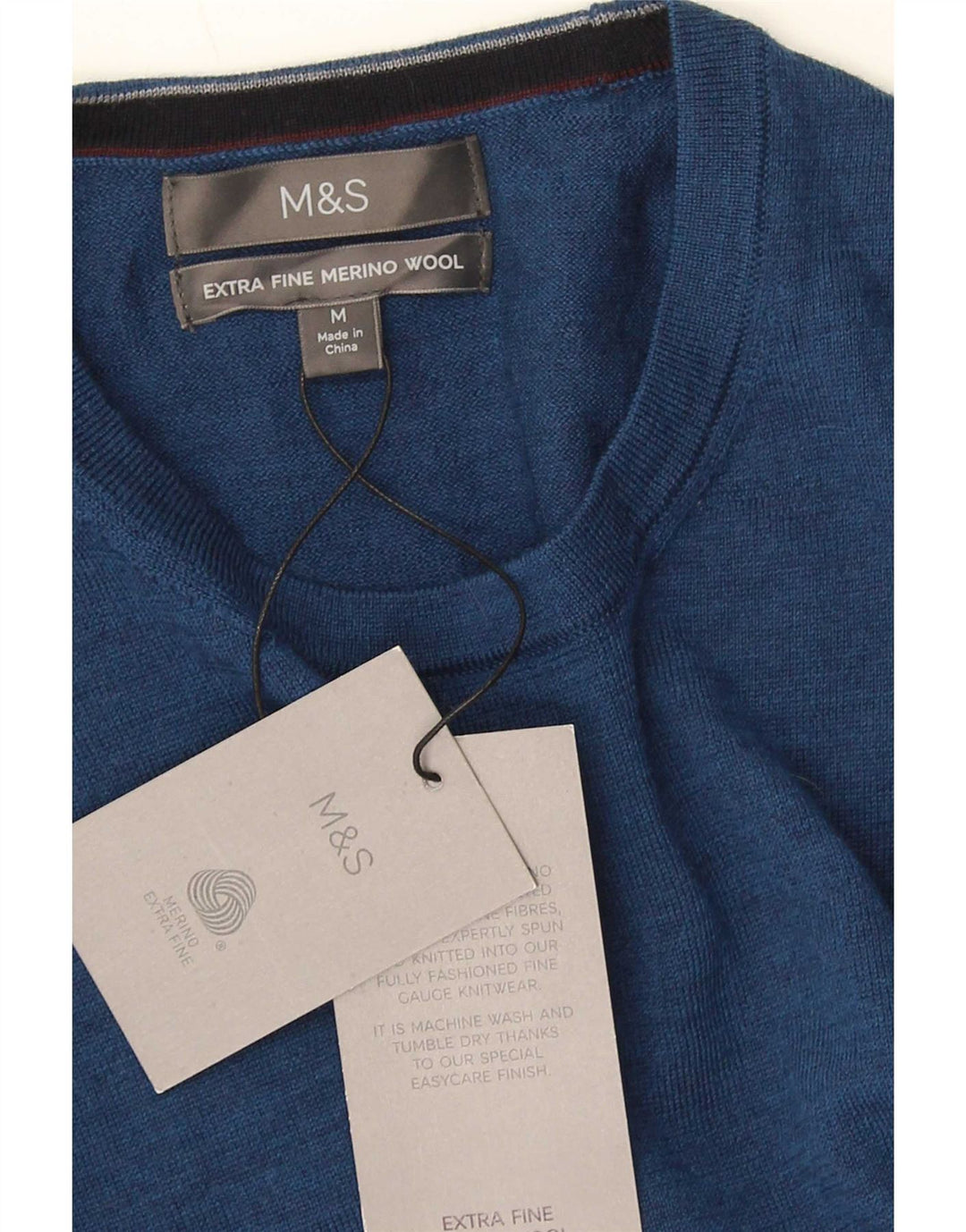 Мужской джемпер с круглым вырезом Marks & Spencer, средний синий из мериносовой шерсти