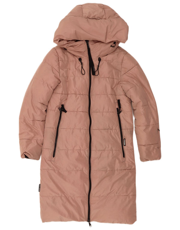 KHUJO Женское длинное стеганое пальто с капюшоном UK 6 XS Розовый Полиэстер