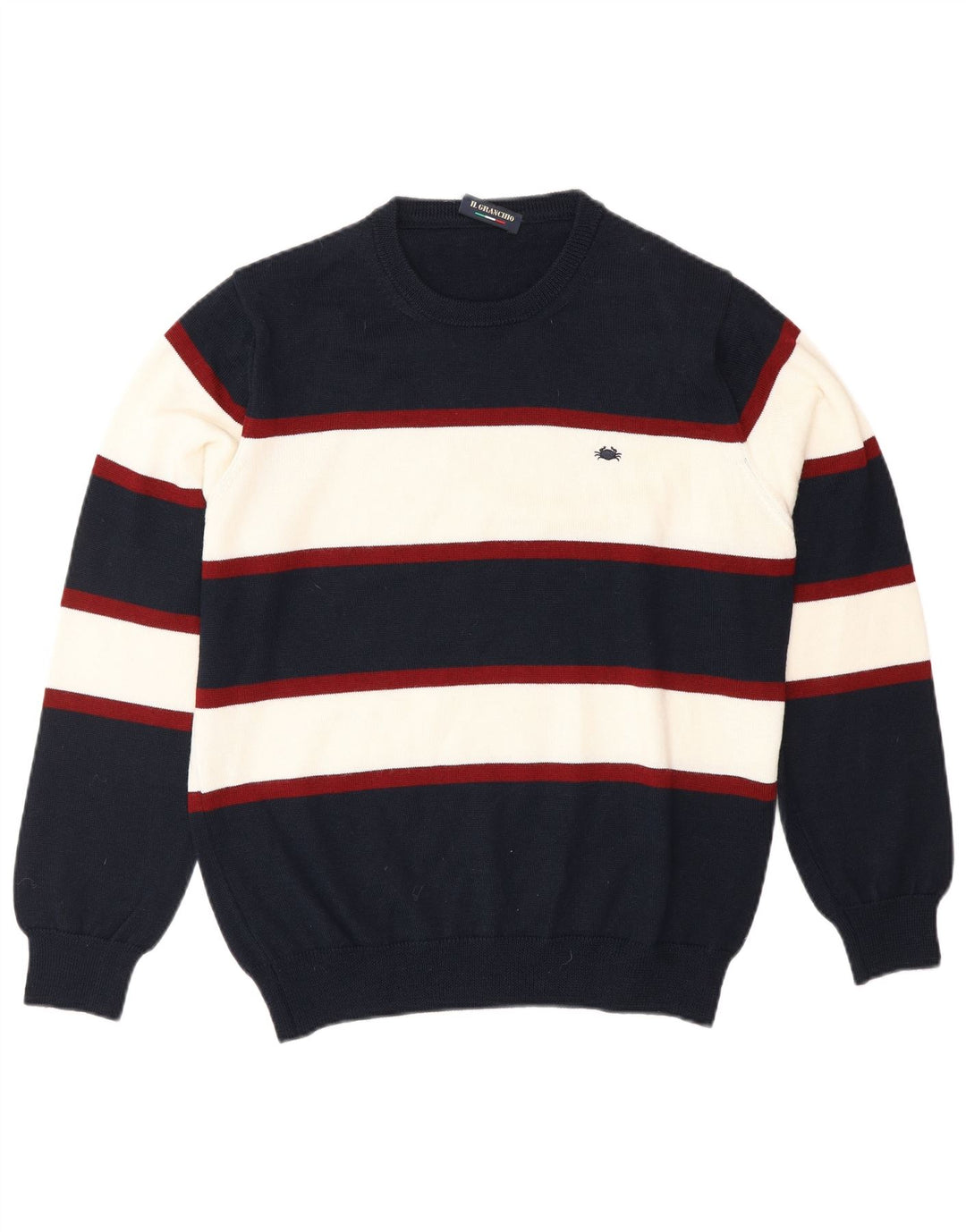 IL GRANCHIO Mens Crew Neck Jumper Sweater Small Navy Blue Striped