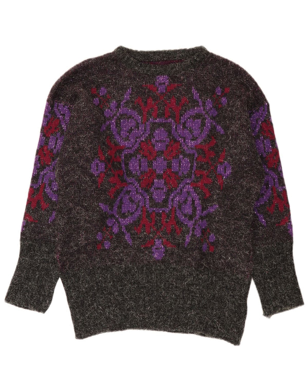 Vintage Womens Boat Neck Jumper Sweater UK 14 Medium Grey Floral Wool