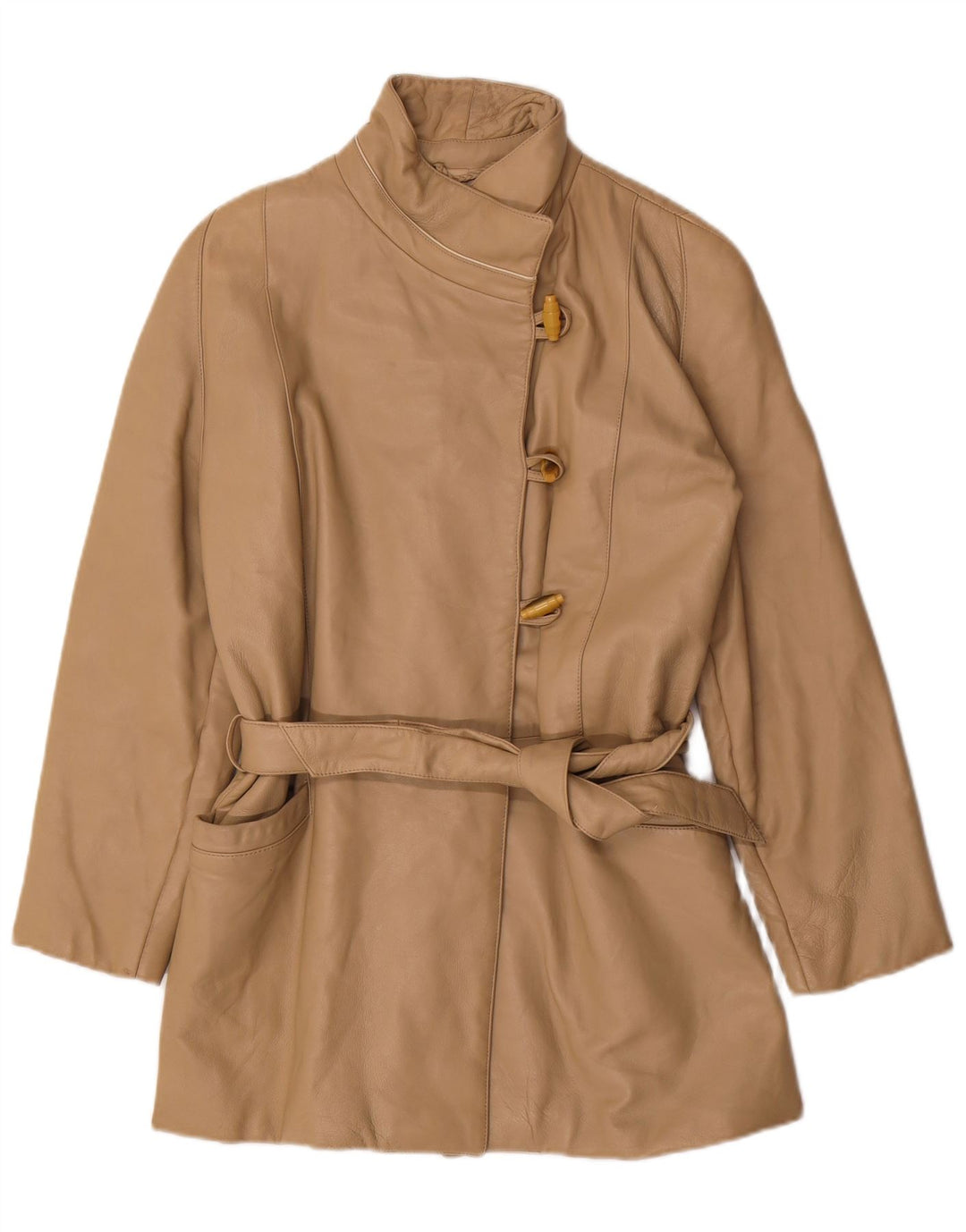 Винтажное женское кожаное пальто UK 12, средний бежевый