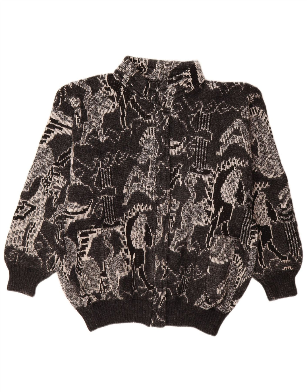 Винтажный женский кардиган-свитер UK 18 XL, черный шерстяной геометрический узор