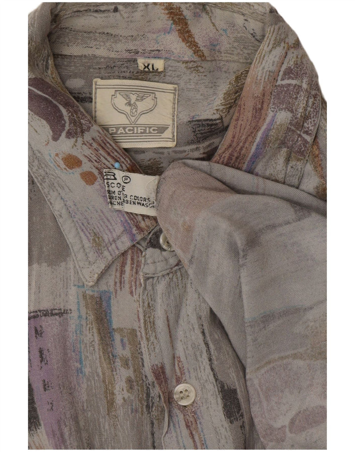 VINTAGE Мужская рубашка с коротким рукавом с абстрактным узором XL Серая вискоза Ретро