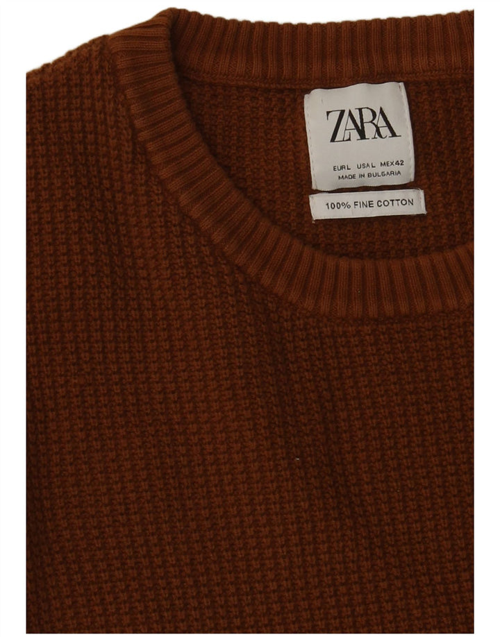 Мужской джемпер с круглым вырезом Zara, большой коричневый хлопковый свитер
