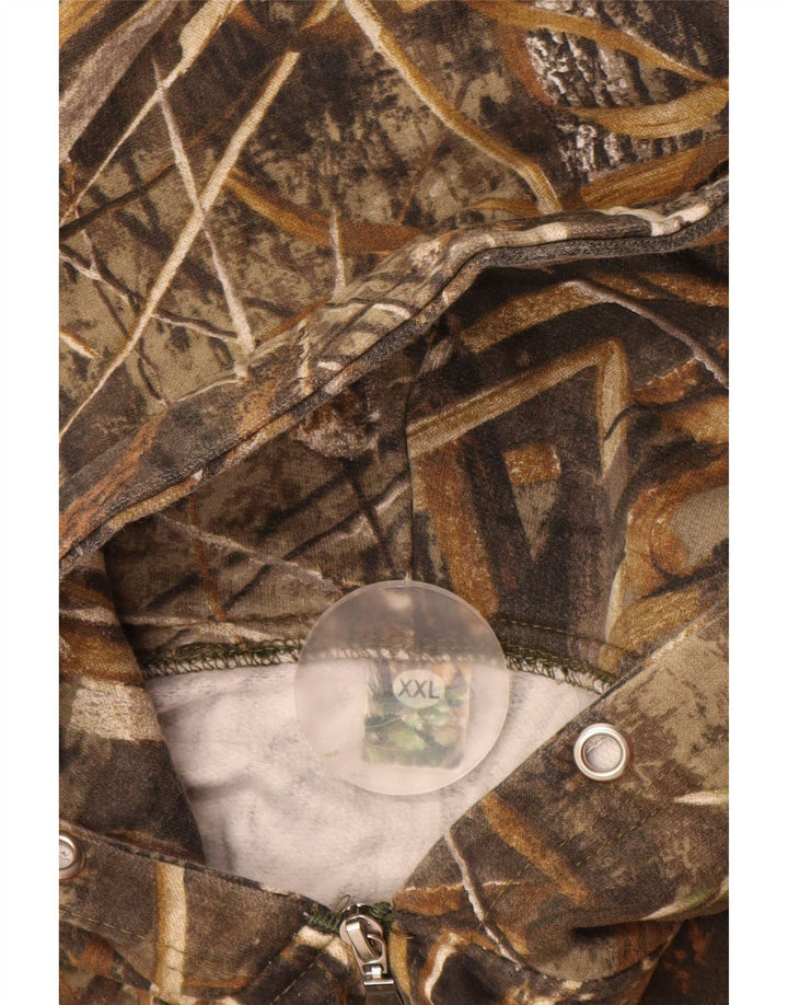 VINTAGE Мужской свитер с капюшоном на молнии 2XL Коричневый камуфляжный полиэстер