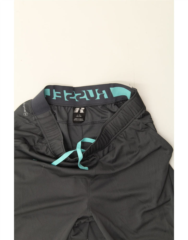 RUSSELL ATHLETIC Mens Graphic Sport Shorts Large  Grey Colourblock Vintage Russell Athletic and Second-Hand Russell Athletic from Messina Hembry 