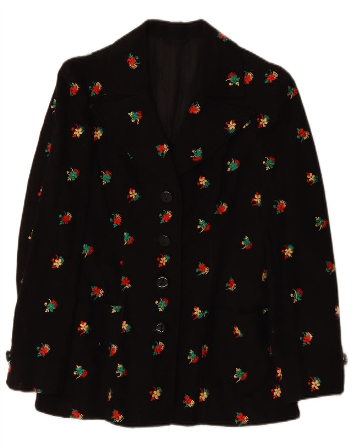 ВИНТАЖНЫЙ женский пиджак на 4 пуговицах, Великобритания, 10 маленьких размеров, черный с цветочным принтом