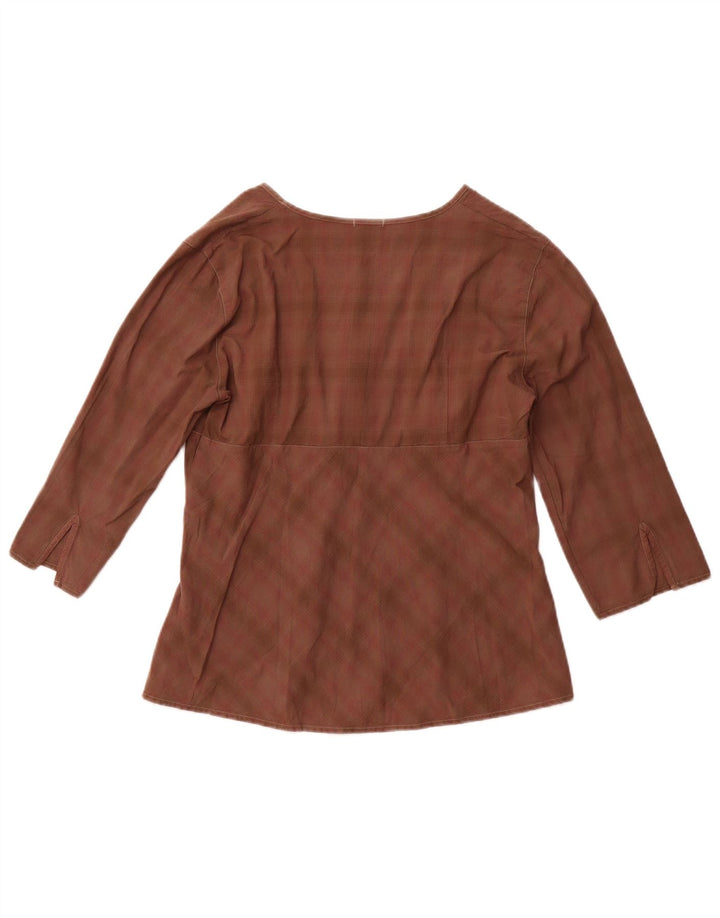 BENETTON Womens 3/4 Sleeve Blouse Top UK 12 Medium Brown Check Cotton