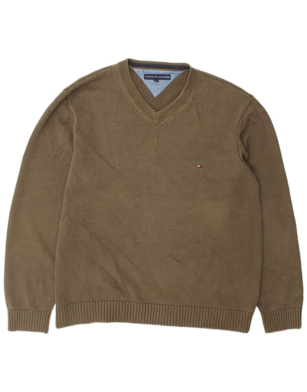 Мужской джемпер с v-образным вырезом Tommy Hilfiger XL, хлопок цвета хаки
