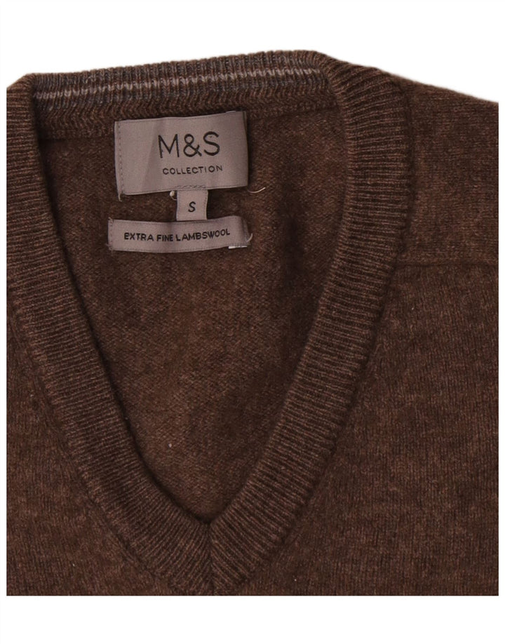 Мужской джемпер с v-образным вырезом Marks & Spencer, маленький коричневый из овечьей шерсти