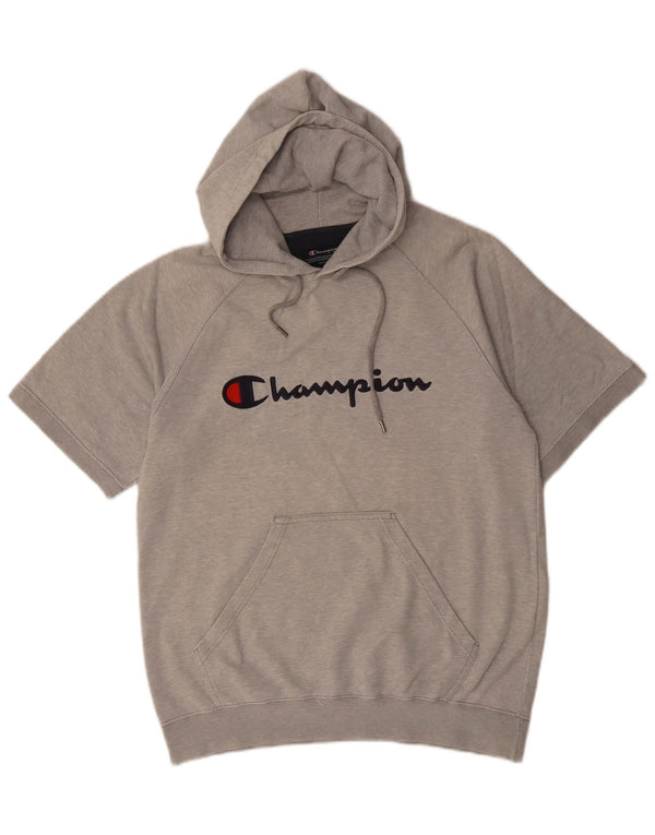 Champion Mens Graphic Short Sleeve Hoodie Jumper Medium Grey Flecked Cotton