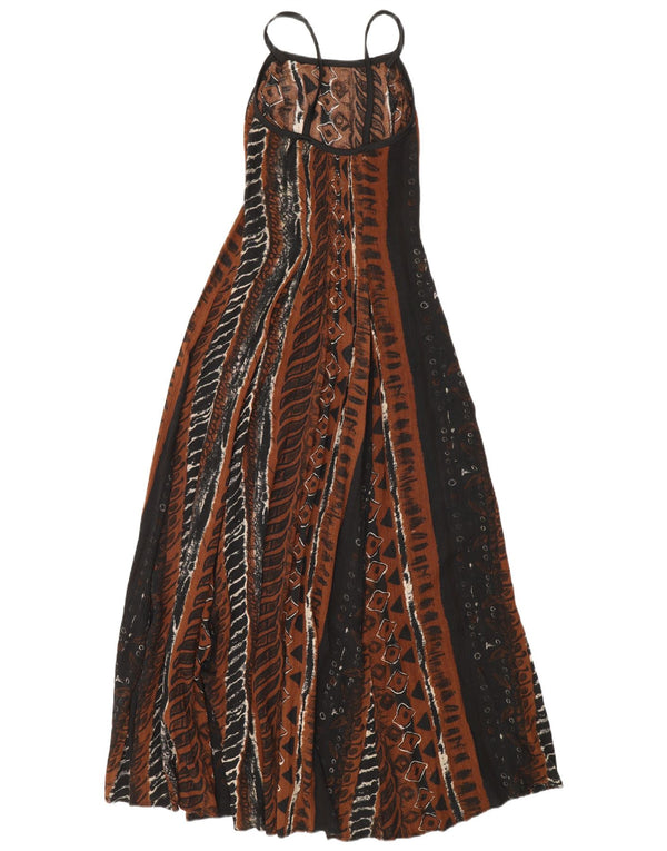 Винтажное женское платье макси без рукавов UK 12, средний коричневый вискоза с геометрическим рисунком