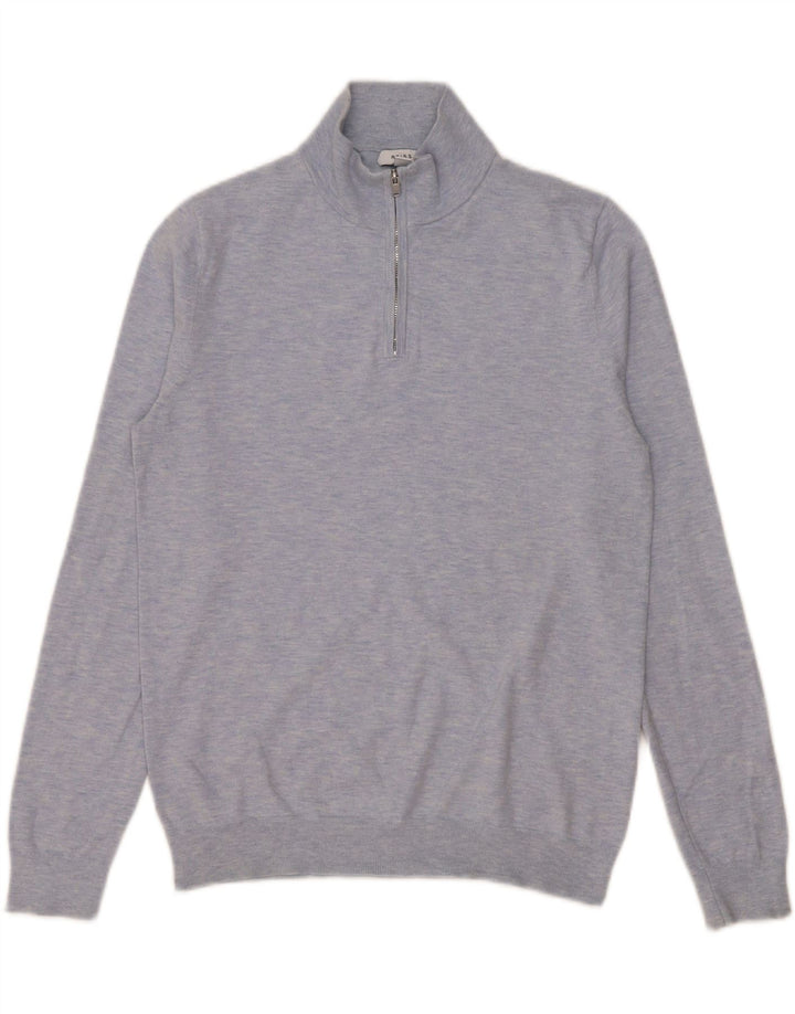 Мужской джемпер с воротником на молнии Reiss, маленький синий хлопковый свитер