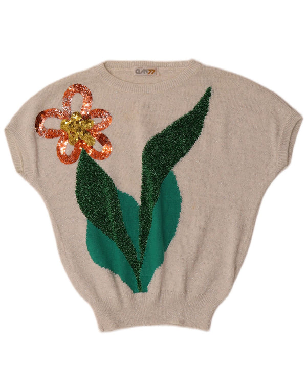 ВИНТАЖНЫЙ женский свитер с вырезом «лодочка», Великобритания, 16, большой, с белым цветочным принтом