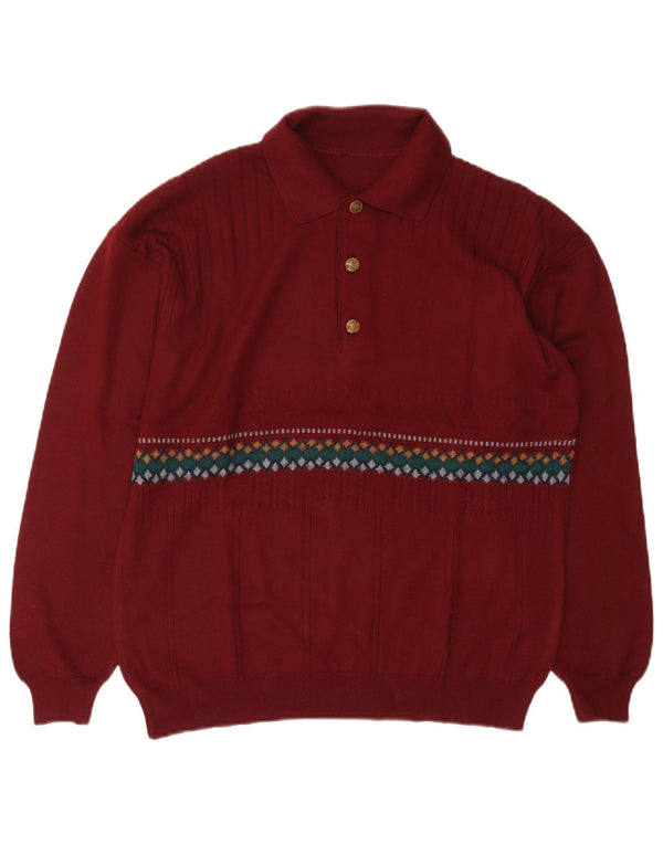 Винтажный мужской джемпер с воротником поло, большой красный свитер с жаккардовым узором