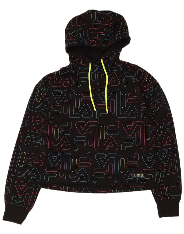 Fila Womens Crop Oversized Hoodie Jumper UK 10 Small Black Geometric Cotton