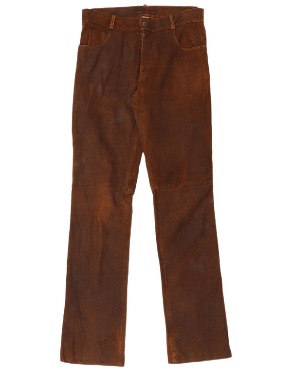 Винтажные женские прямые кожаные брюки W30 L35 Коричневые