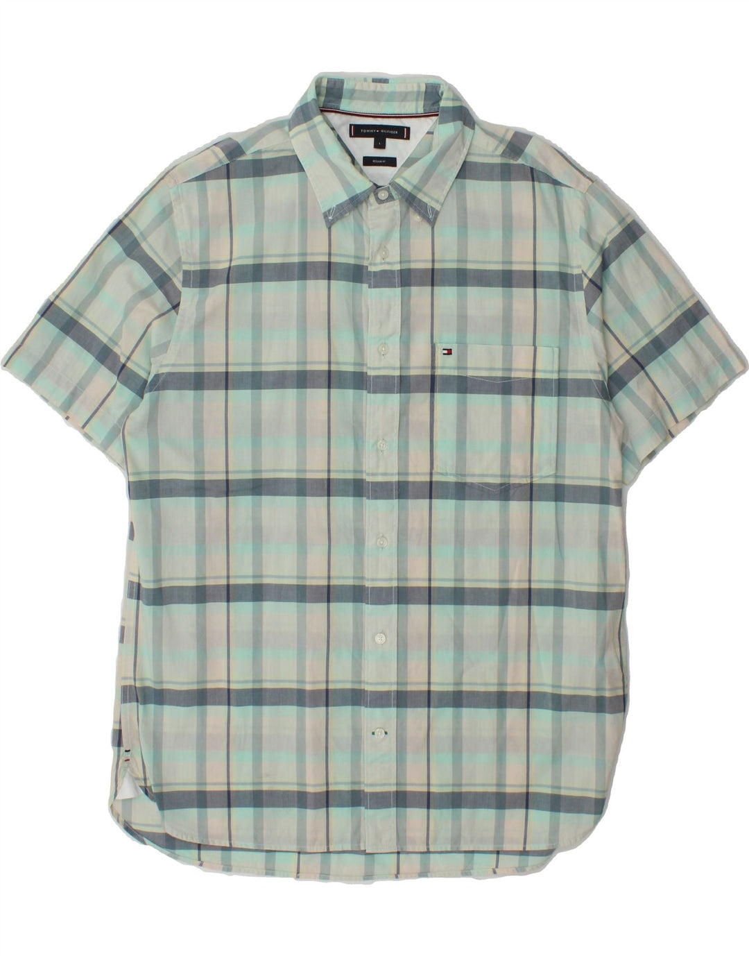 TOMMY HILFIGER Mens Regular Fit Short Sleeve Shirt Large Blue Check Vintage Tommy Hilfiger and Second-Hand Tommy Hilfiger from Messina Hembry 